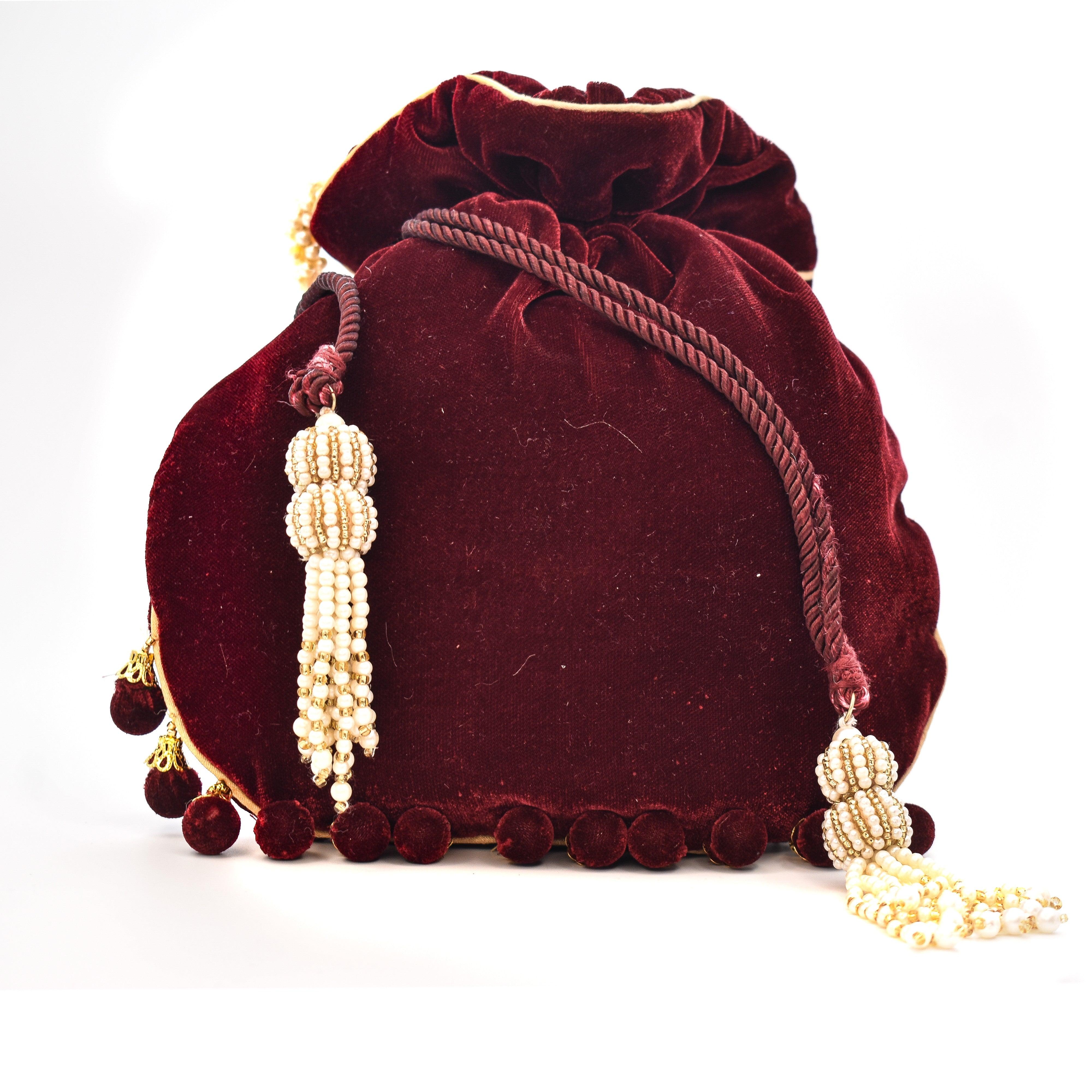 Sugarcrush Maroon Luxury Potli Bag With Drawstring Closure - SUGARCRUSH