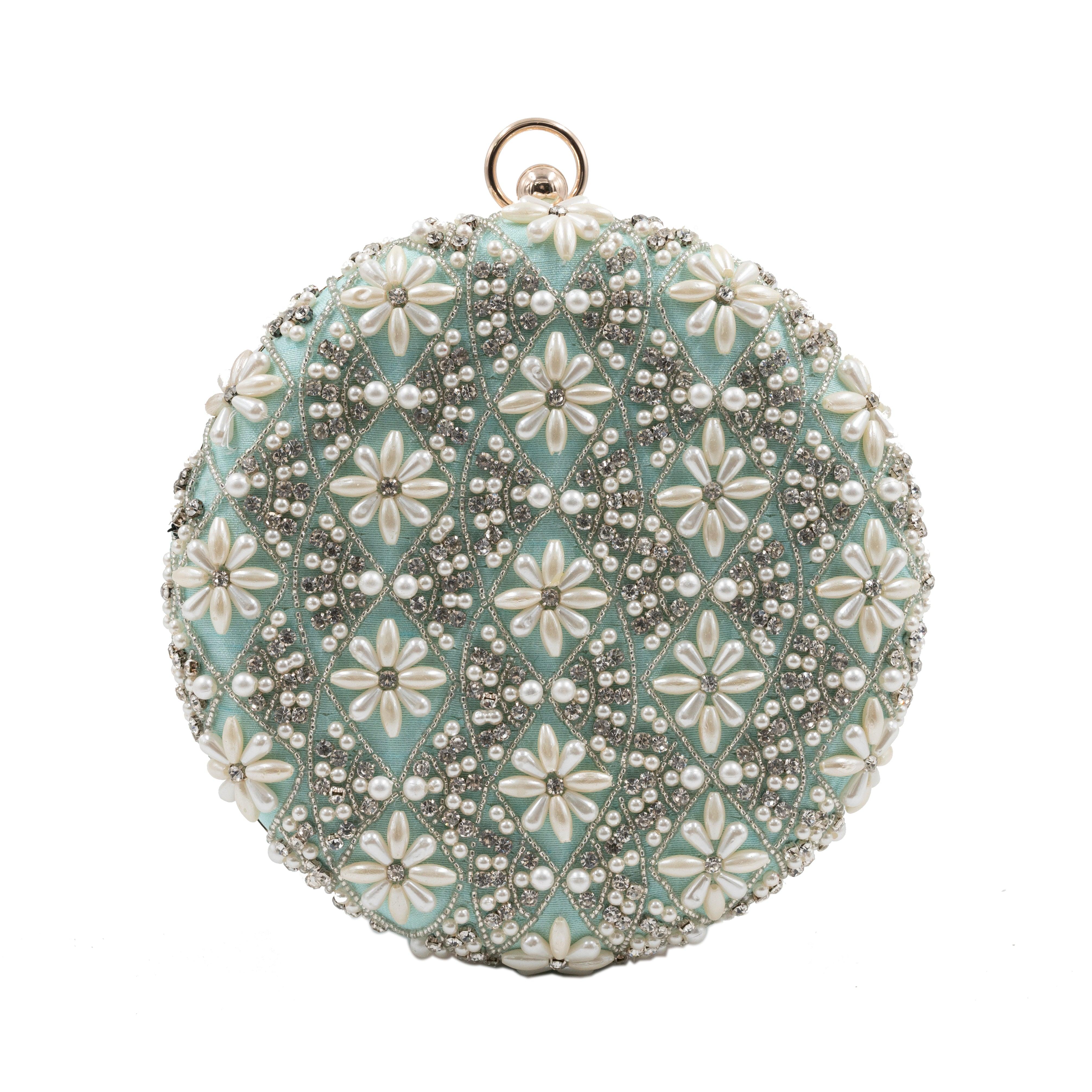 Sugarcrush mint green Pearl embroidered Clutch - SUGARCRUSH