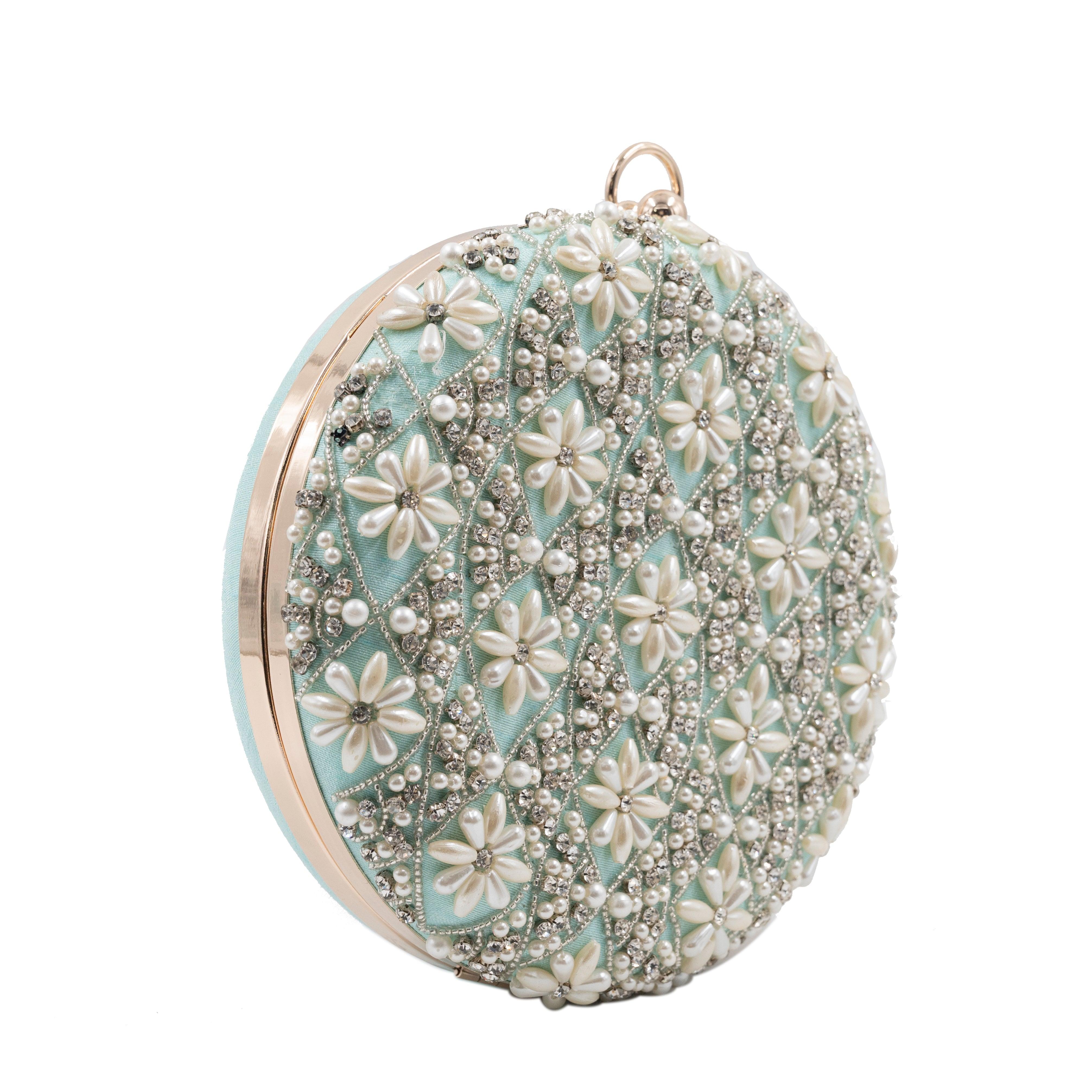 Sugarcrush mint green Pearl embroidered Clutch - SUGARCRUSH