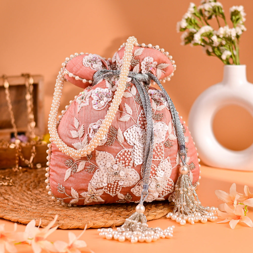 Sugarcrush Peach Luxury Potli Bag With Drawstring Closure - SUGARCRUSH