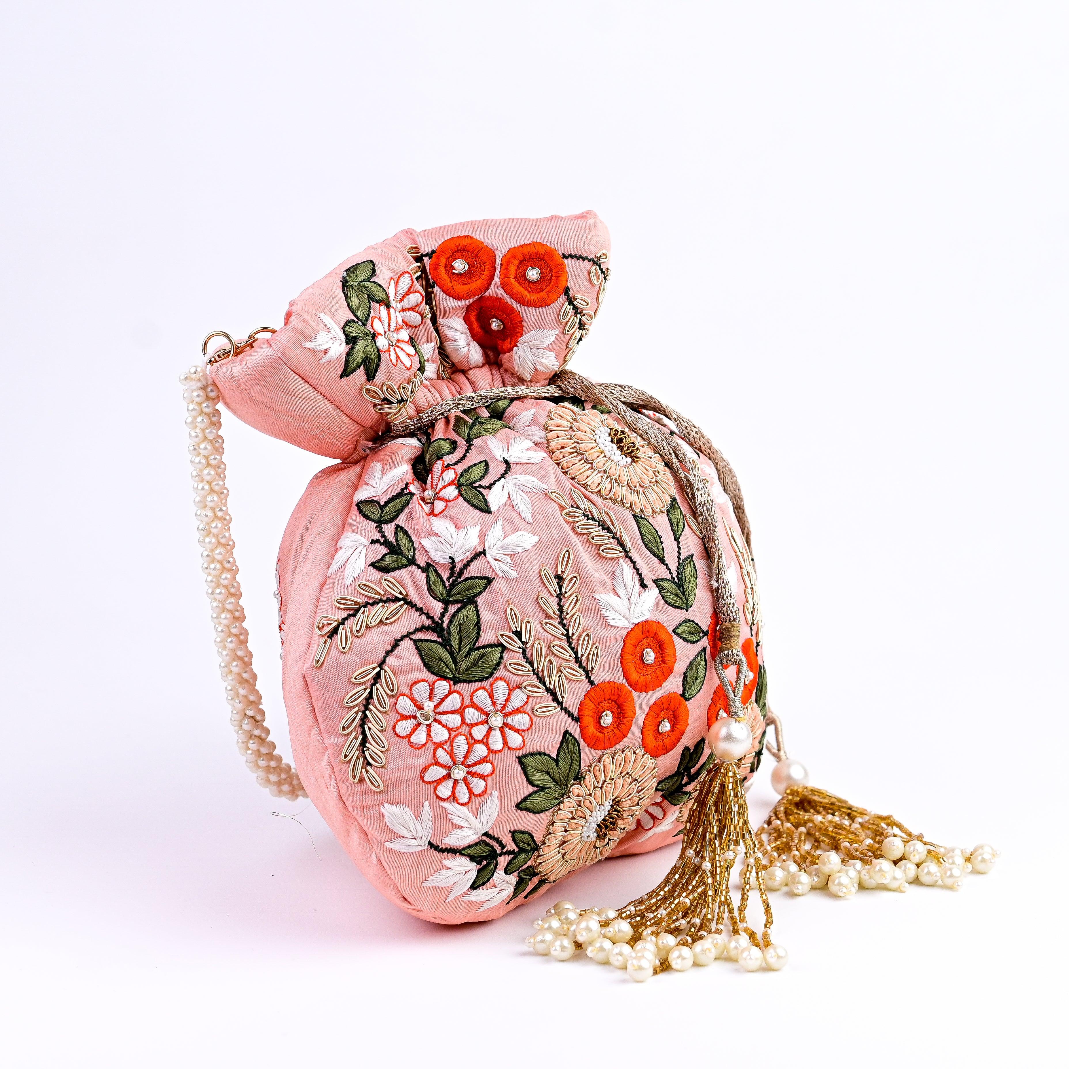 Sugarcrush pink bridal Luxury Potli Bag With Drawstring Closure - SUGARCRUSH