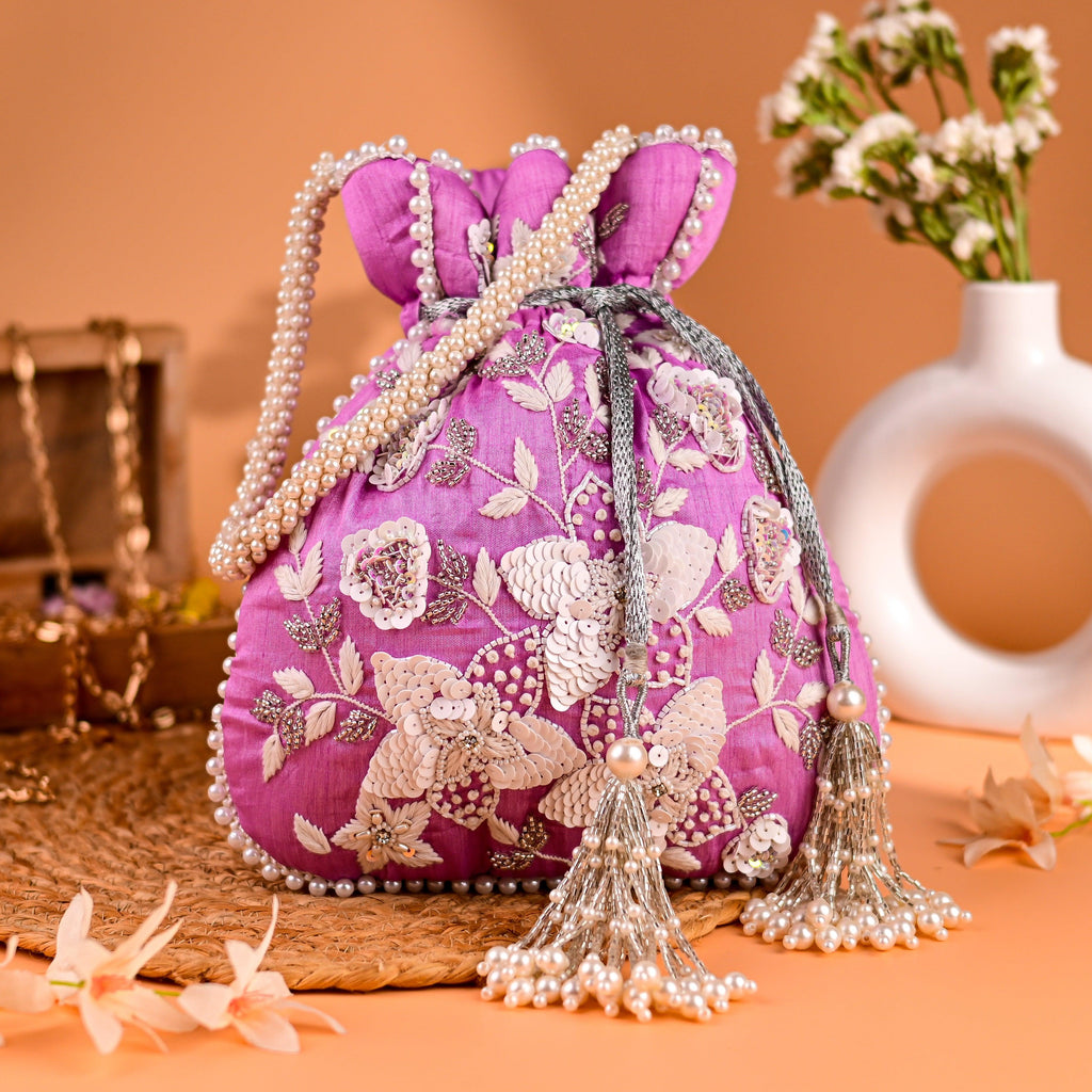 Sugarcrush purple bridal Luxury Potli Bag With Drawstring Closure - SUGARCRUSH