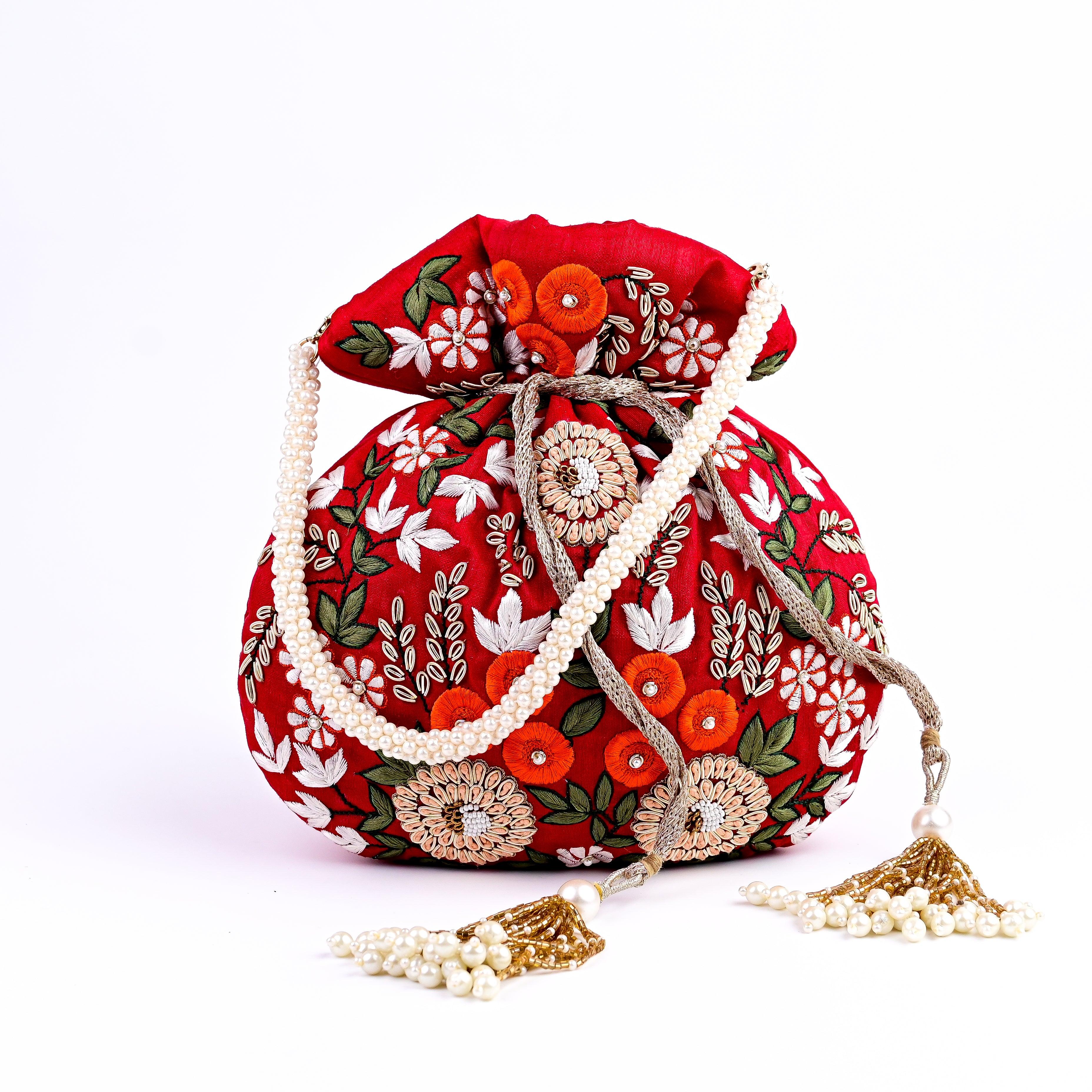 RED mirror flap embroider with mirror glass wedding day bridesmaids  drawstring purse potli bag | golden satin silk fabric evening handbag