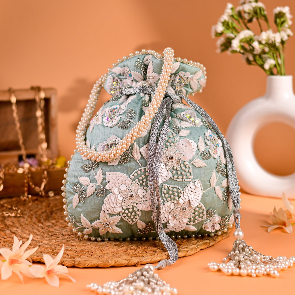 Sugarcrush Sea Green bridal Luxury Potli Bag With Drawstring Closure - SUGARCRUSH
