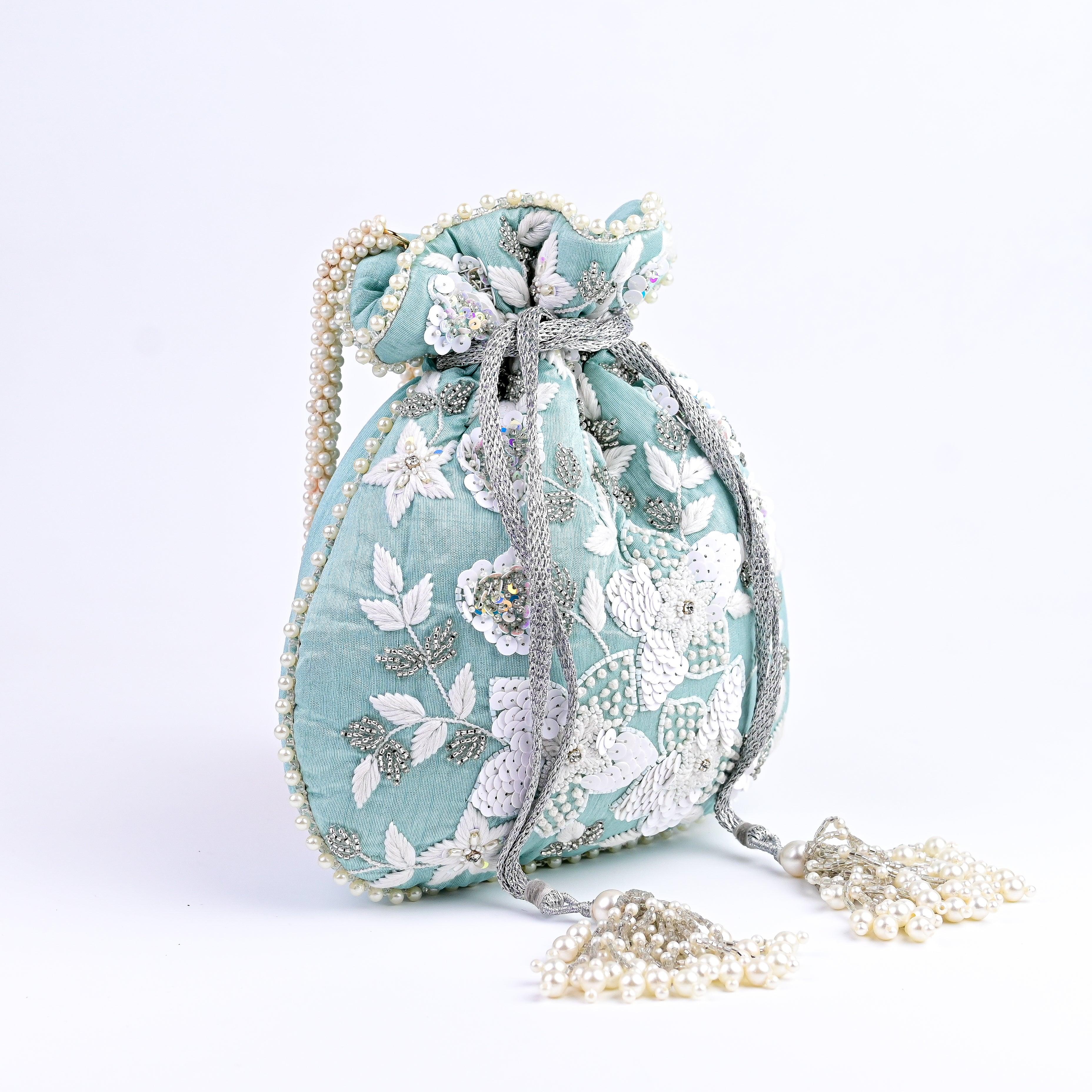 Sugarcrush Sea Green bridal Luxury Potli Bag With Drawstring Closure - SUGARCRUSH