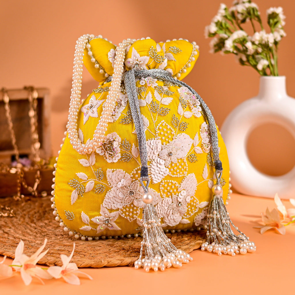 Sugarcrush yellow bridal Luxury Potli Bag With Drawstring Closure - SUGARCRUSH