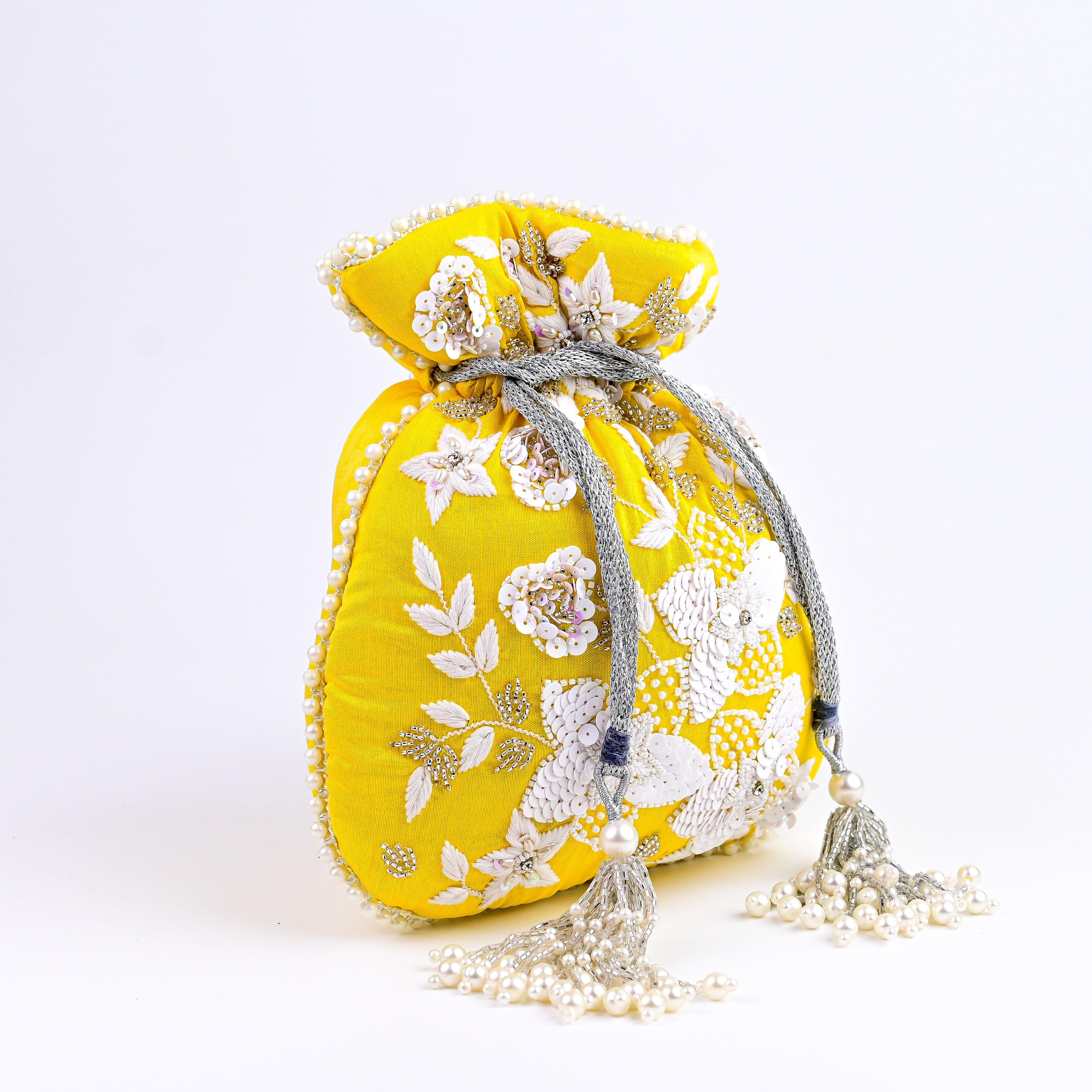 Sugarcrush yellow bridal Luxury Potli Bag With Drawstring Closure - SUGARCRUSH