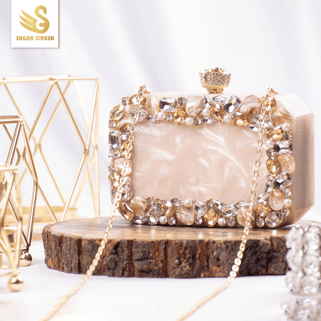 Sugarcrush beige luxury Resin Bridal embellished clutch - SUGARCRUSH